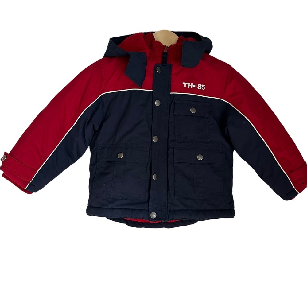 Tommy Hilfiger Boys Youth Navy Blue and Red Puffer Winter Jacket with Hood Sz. 5